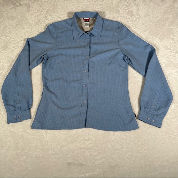 The North Face Shirt Women Size L Blue Long Sleeve Zipped Pockets Button Up EUC - Picture 3 of 12